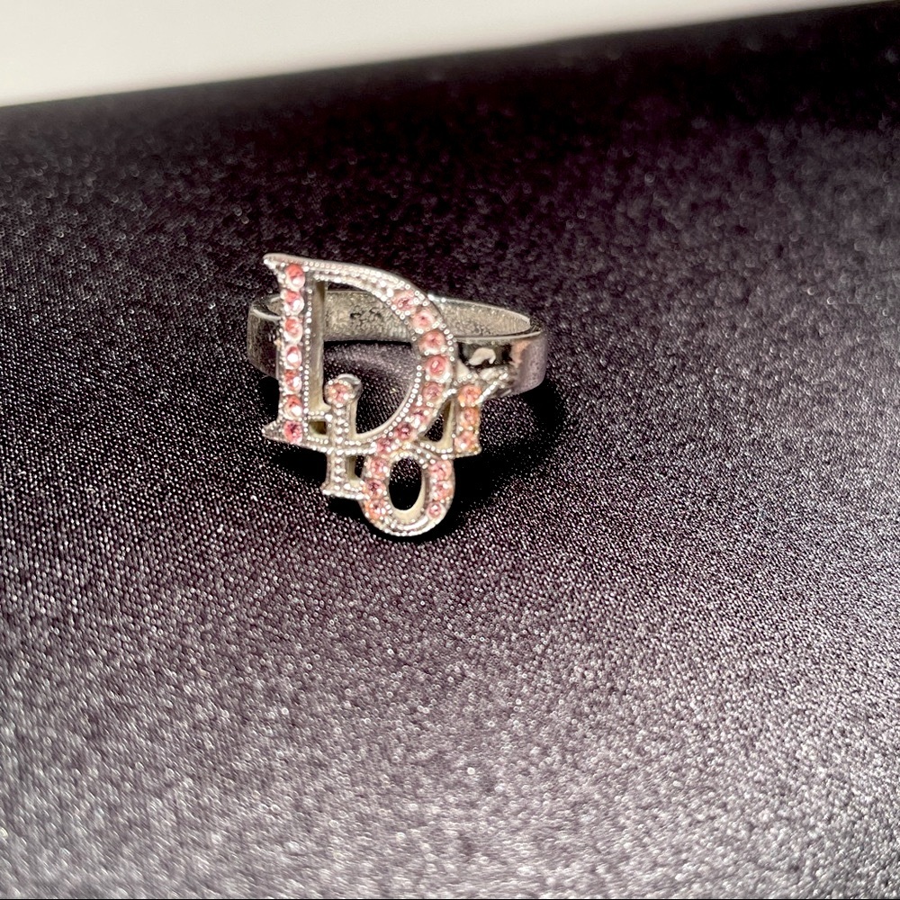 W/Box* AUTHENTIC DIOR palladium logo motif ring with pink Swarovski Crystals